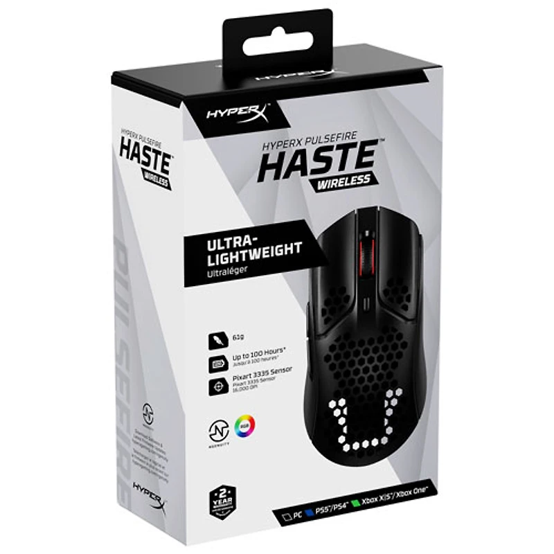 Souris de jeu sans fil de 16000 ppp Pixart PAW3335 Pulsefire Haste de HyperX - Noir