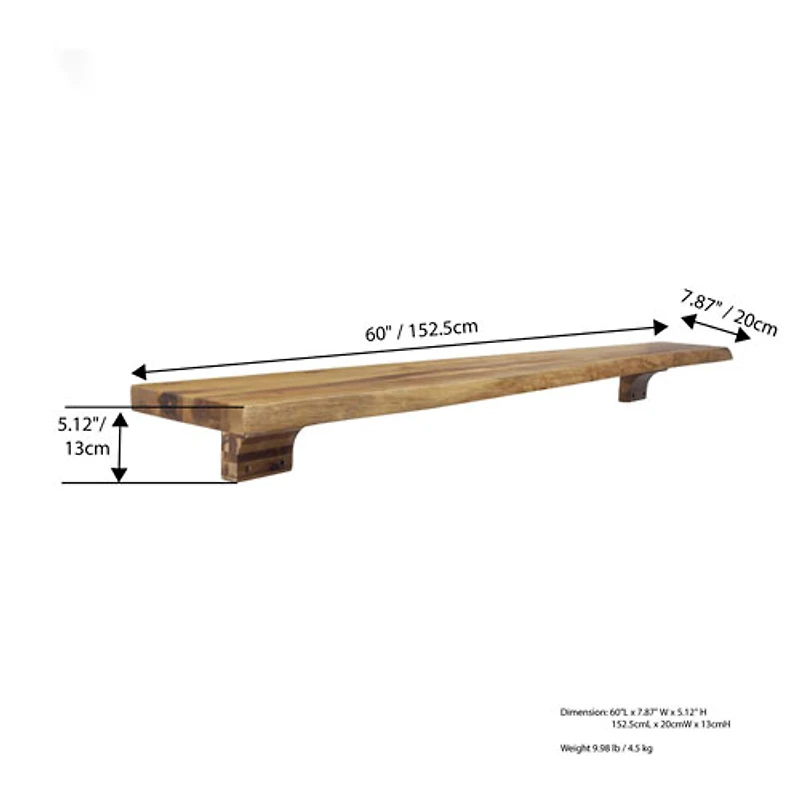 Tablette de foyer de 60 po Live Edge avec corbeaux en bois - Brun