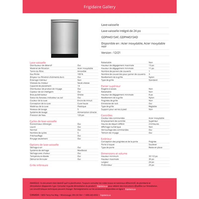 Lave-vaisselle encastrable 24 po 52 dB Gallery de Frigidaire (GDPH4515AF) - Acier inoxydable