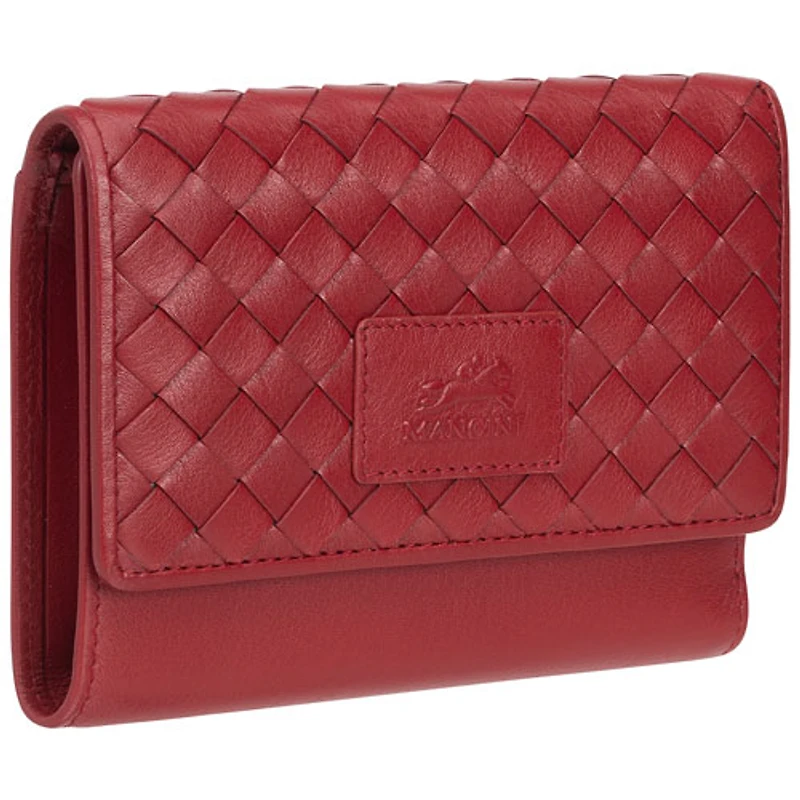 Pochette-portefeuille RFID à trois volets et huit fentes en cuir véritable Motif tressé de Mancini - Rouge