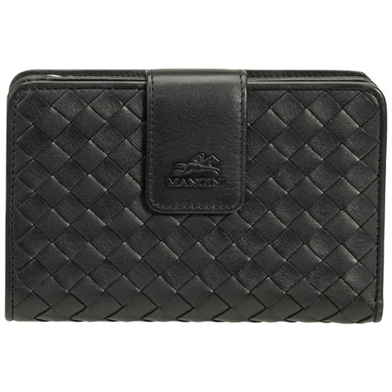 Pochette-portefeuille RFID à deux volets en cuir véritable Motif tressé de Mancini - Noir