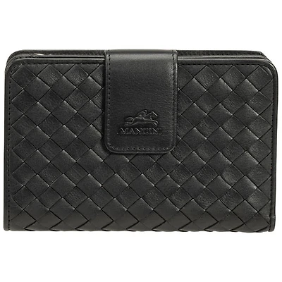 Pochette-portefeuille RFID à deux volets en cuir véritable Motif tressé de Mancini - Noir