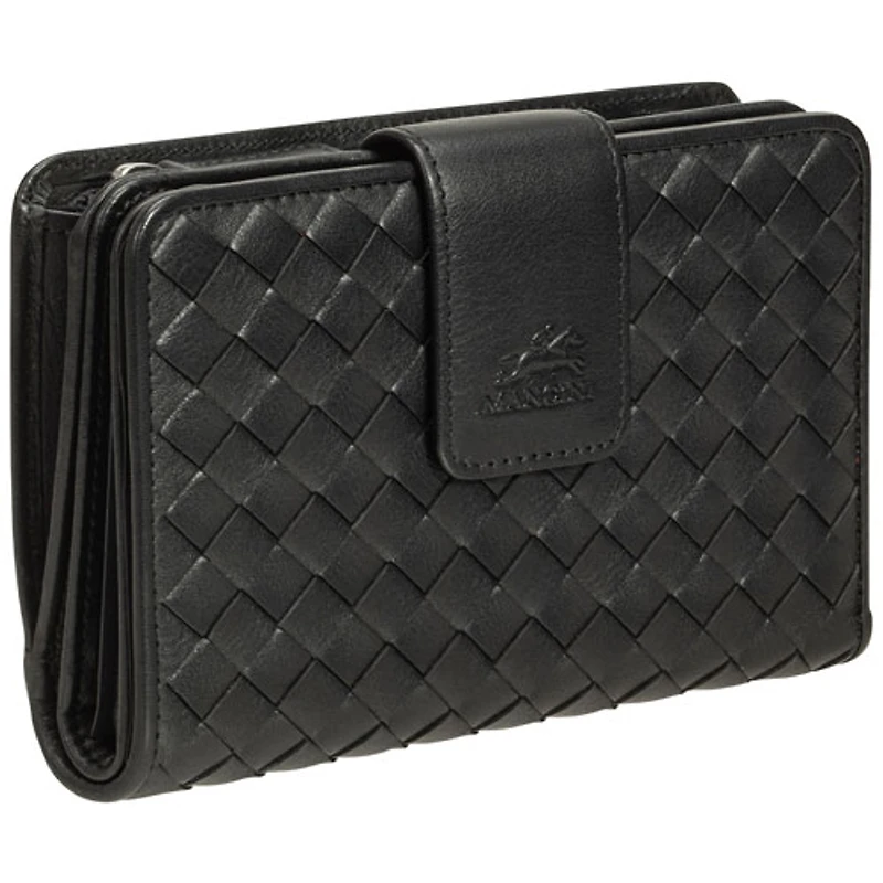 Pochette-portefeuille RFID à deux volets en cuir véritable Motif tressé de Mancini - Noir