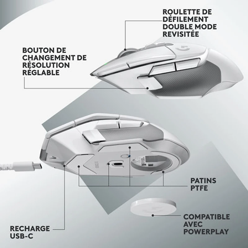Souris de jeu optique sans fil de 25 000 ppp G502 X LIGHTSPEED de Logitech - Blanc