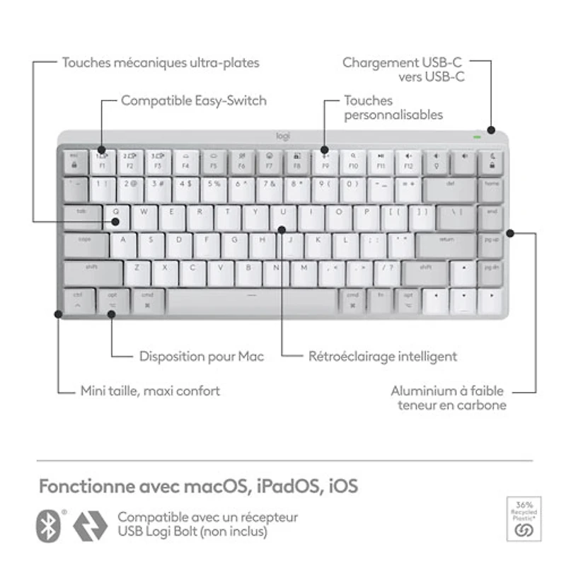 Clavier ergonomique rétroéclairé mécanique Bluetooth MX Mini de Logitech pour Mac - Gris pâle