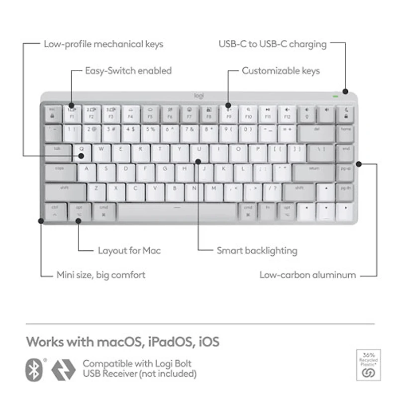 Clavier ergonomique rétroéclairé mécanique Bluetooth MX Mini de Logitech pour Mac - Gris pâle