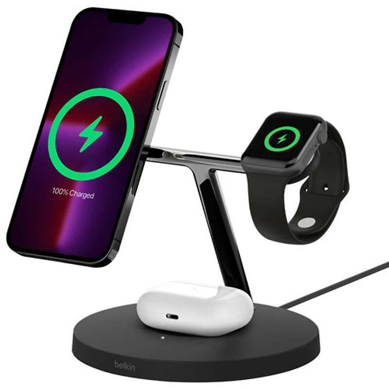 Belkin MagSafe 3-in-1 Wireless Charging Stand for iPhone 15/14/13/12, Apple Watch & AirPods - Black