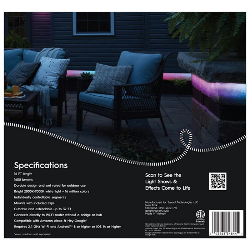 GE Cync 4.9m (16 ft.) Dynamic Effects Gradient Outdoor Smart Light Strip - Multi-Colour