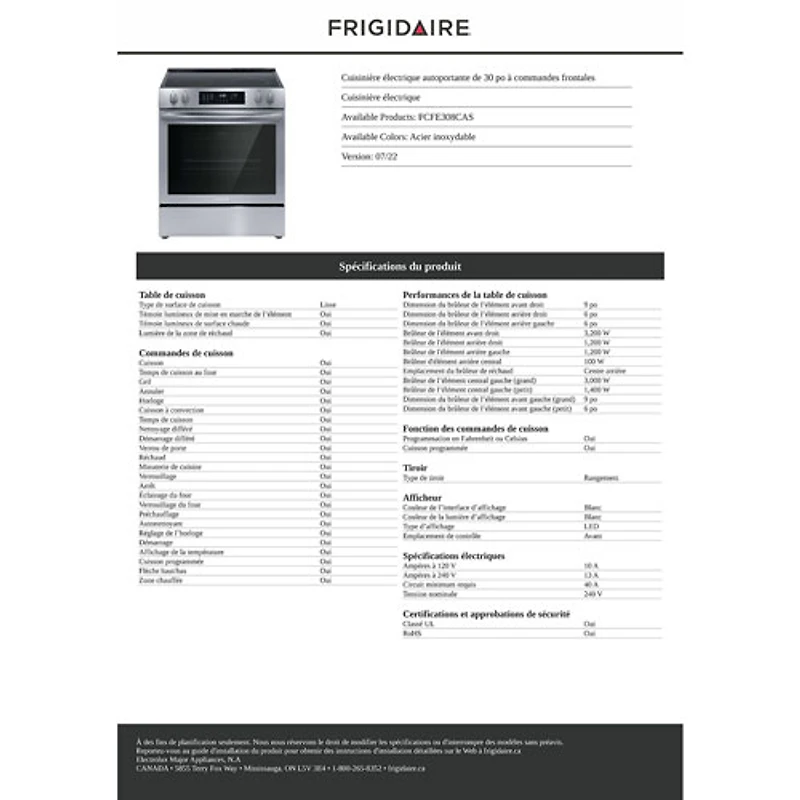 Cuisinière encastrable avec convection par ventilateur 5,3 pi³ 30 po de Frigidaire (FCFE308CAS) - Inox