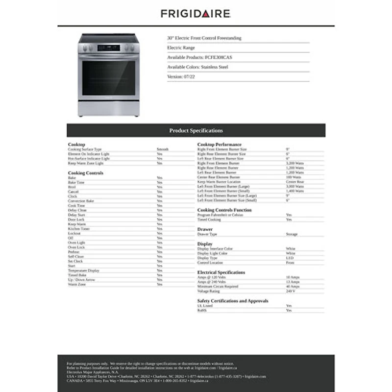 Cuisinière encastrable avec convection par ventilateur 5,3 pi³ 30 po de Frigidaire (FCFE308CAS) - Inox