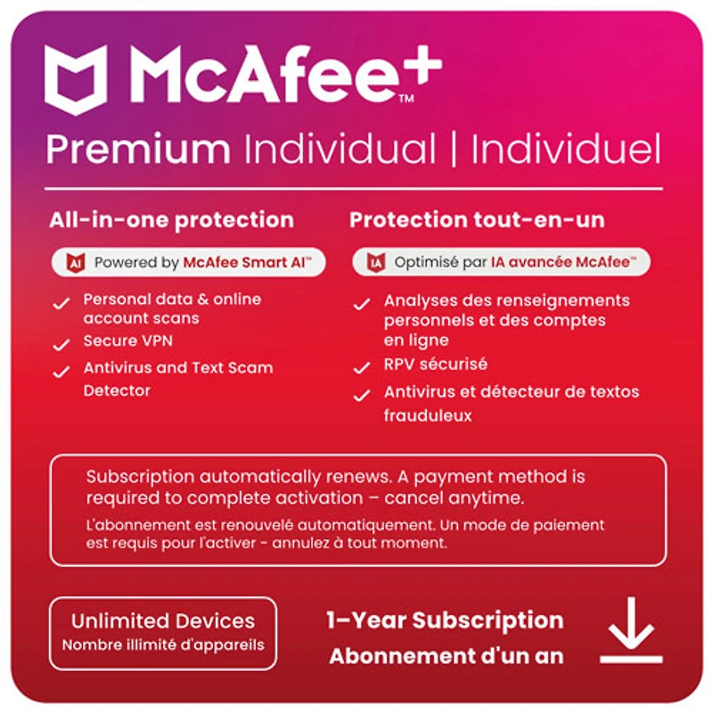 McAfee+ Premium Individuel (Windows/Mac/Android/iOS) - Appareils illimités - 1 an - Téléchargement numérique