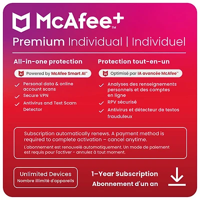 McAfee+ Premium Individuel (Windows/Mac/Android/iOS) - Appareils illimités - 1 an - Téléchargement numérique