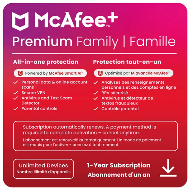 McAfee+ Premium Family (Windows/Mac/Android/iOS) - Unlimited Devices - 1 Year - Digital Download