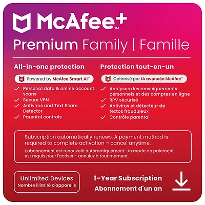 McAfee+ Premium Family (Windows/Mac/Android/iOS) - Unlimited Devices - 1 Year - Digital Download