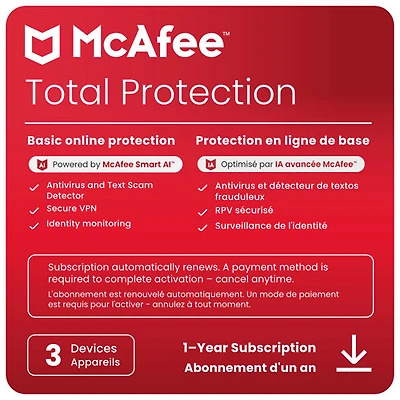 McAfee Total Protection (Windows/Mac/Android/iOS) - 3 Devices - 1 Year - Digital Download