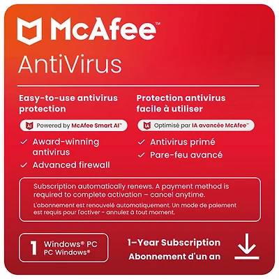 McAfee AntiVirus (Windows PC) - 1 appareil - 1 an - Téléchargement numérique