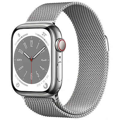 Apple Watch Series 8 41 mm (GPS + Cell) en acier inoxydable argenté et bracelet milanais argenté de Rogers - P/M - Financement mensuel