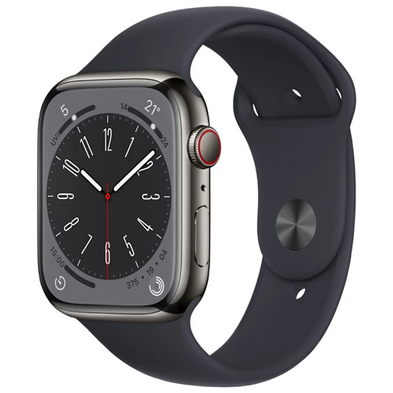 Apple Watch Series 8 45 mm (GPS + Cell) en acier inoxydable graphite et bracelet de sport minuit de TELUS - M/G - Financement mensuel