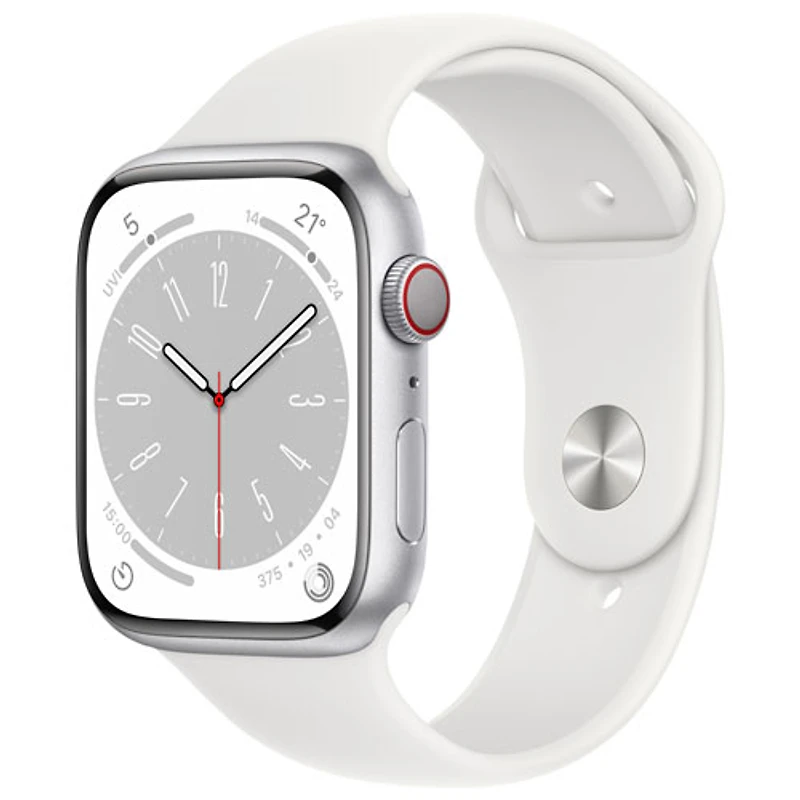 Apple Watch Series 8 45 mm (GPS + Cell) en aluminium argenté et bracelet de sport blanc de Bell - M/G - Financement mensuel