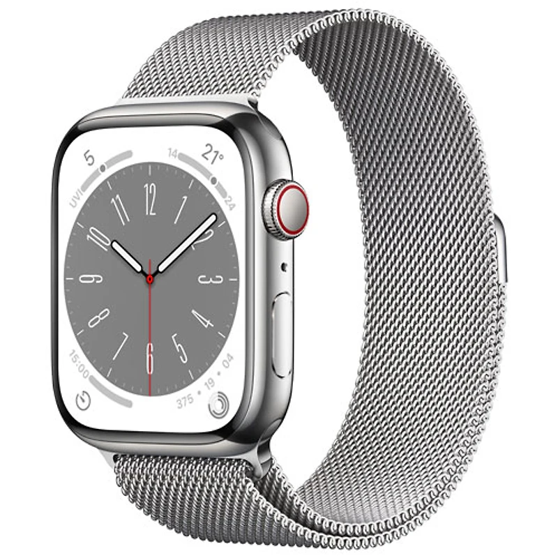 Apple Watch Series 8 45 mm (GPS + Cell) en acier inoxydable argenté et bracelet milanais argenté de TELUS - M/G - Financement mensuel