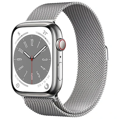 Apple Watch Series 8 45 mm (GPS + Cell) en acier inoxydable argenté et bracelet milanais argenté de TELUS - M/G - Financement mensuel