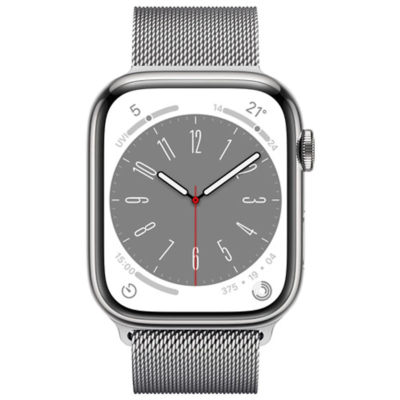 Apple Watch Series 8 45 mm (GPS + Cell) en acier inoxydable argenté et bracelet milanais argenté de TELUS - M/G - Financement mensuel
