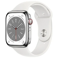 Apple Watch Series 8 45 mm (GPS + Cell) en acier inoxydable argenté et bracelet de sport blanc de Rogers - M/G - Financement mensuel