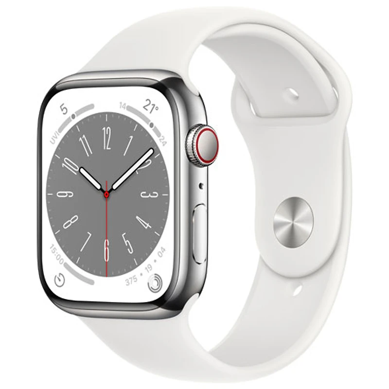 Apple Watch Series 8 45 mm (GPS + Cell) en acier inoxydable argenté et bracelet de sport blanc de TELUS - M/G - Financement mensuel