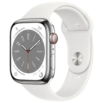 TELUS Apple Watch Series 8 (GPS + Cellular) 45mm Silver Stainless Steel Case w/ White Sport Band - M/L - Monthly Financing