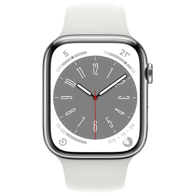 Apple Watch Series 8 45 mm (GPS + Cell) en acier inoxydable argenté et bracelet de sport blanc de TELUS - M/G - Financement mensuel