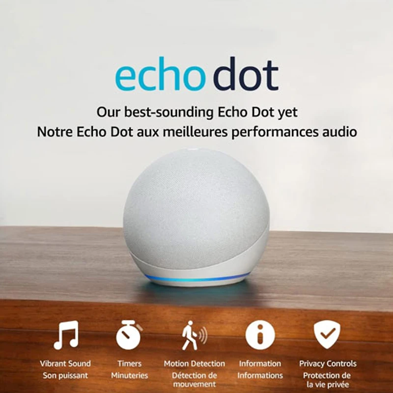 Haut-parleur intelligent Echo Dot d'Amazon (5e génération) avec Alexa - Blanc glacier