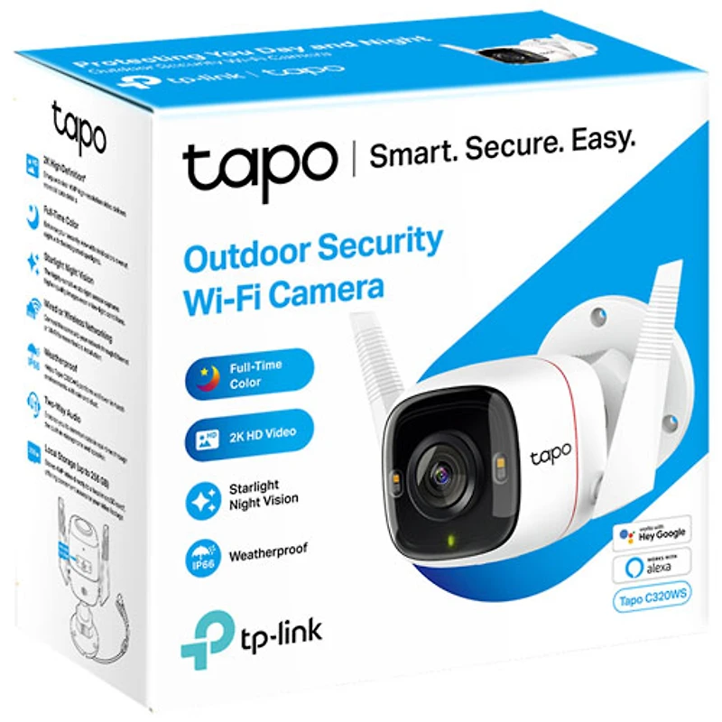 Caméra de surveillance d'extérieur résistant aux intempéries avec fil QHD 2K de 4 Mpx Tapo C320WS de TP-Link - Blanc