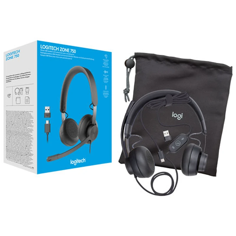 Casque d'écoute avec fil à suppression du bruit Zone 750 de Logitech - Graphite