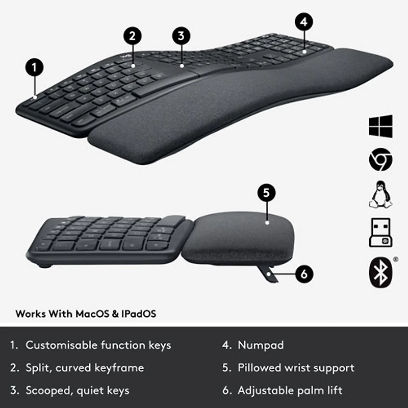 Clavier ergonomique Bluetooth ERGO K860 de Logitech - Graphite