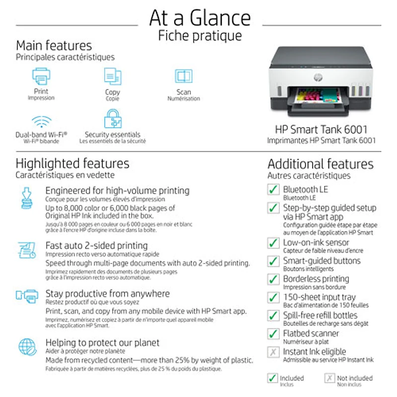 Imprimante à jet d'encre tout-en-un sans fil Supertank Smart Tank 6001 de HP - Jusqu'à 2 ans d'encre inclus*