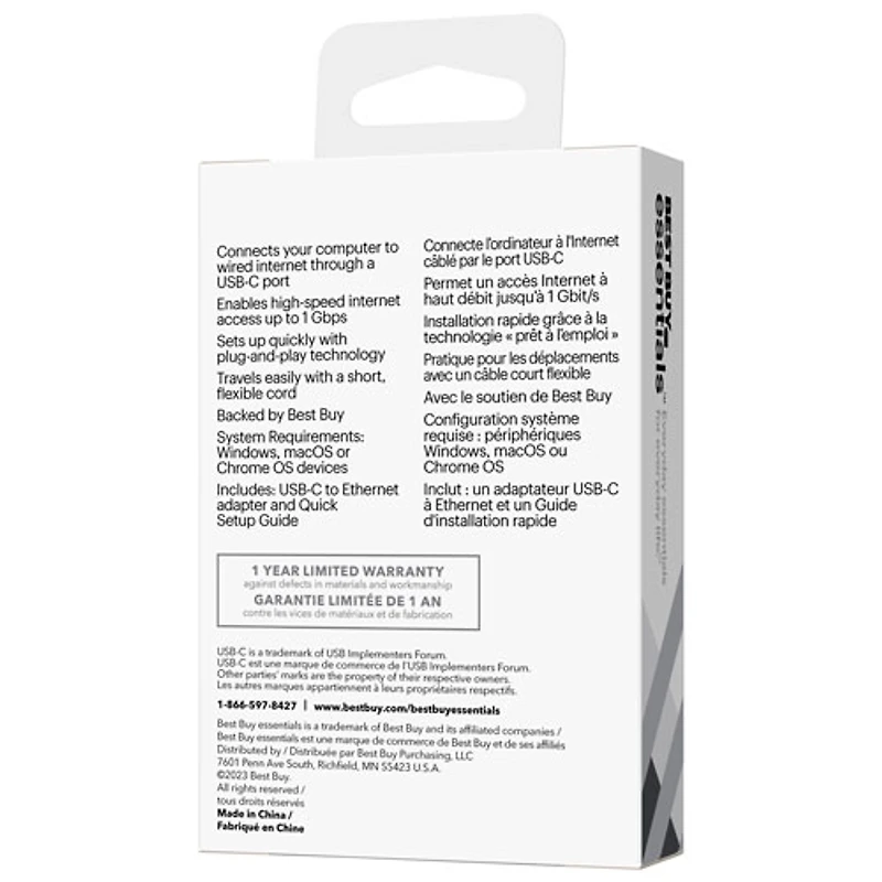 Adaptateur USB-C à Ethernet de Best Buy Essentials (BE-PA2CEW23-C) - Exclusivité de Best Buy