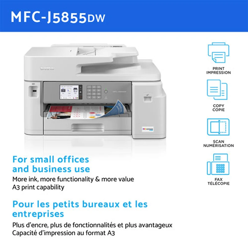 Imprimante à jet d'encre tout-en-un sans fil MFCJ5855DW de Brother avec INKvestment Tank