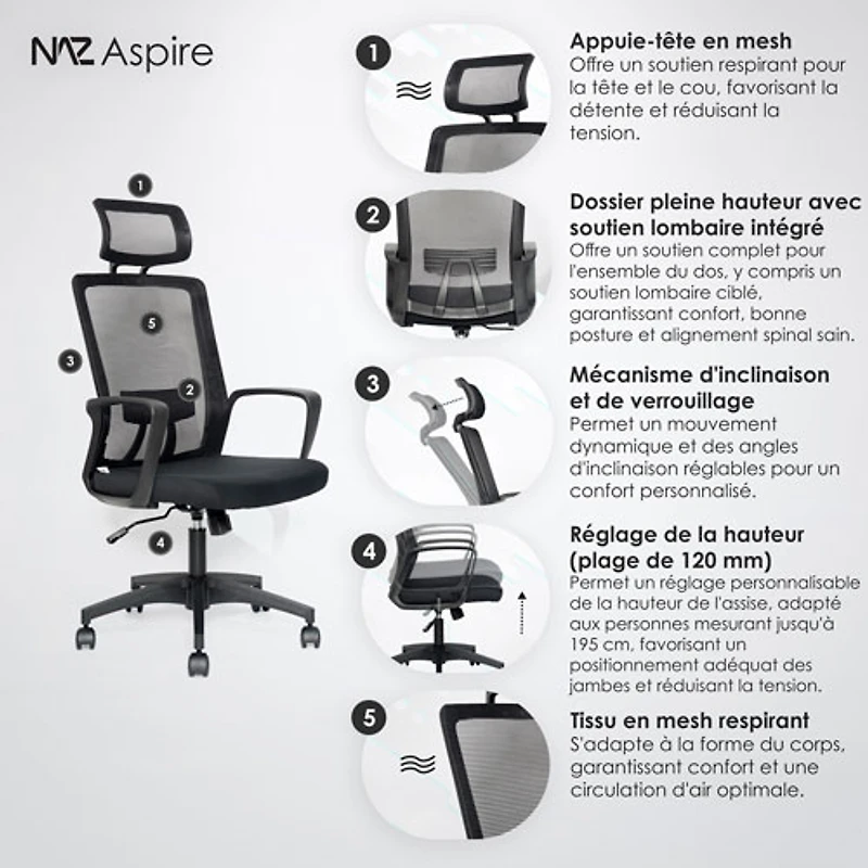 Naz Aspire Full-Back Mesh Office Chair with Headrest - Black