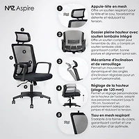 Naz Aspire Full-Back Mesh Office Chair with Headrest - Black