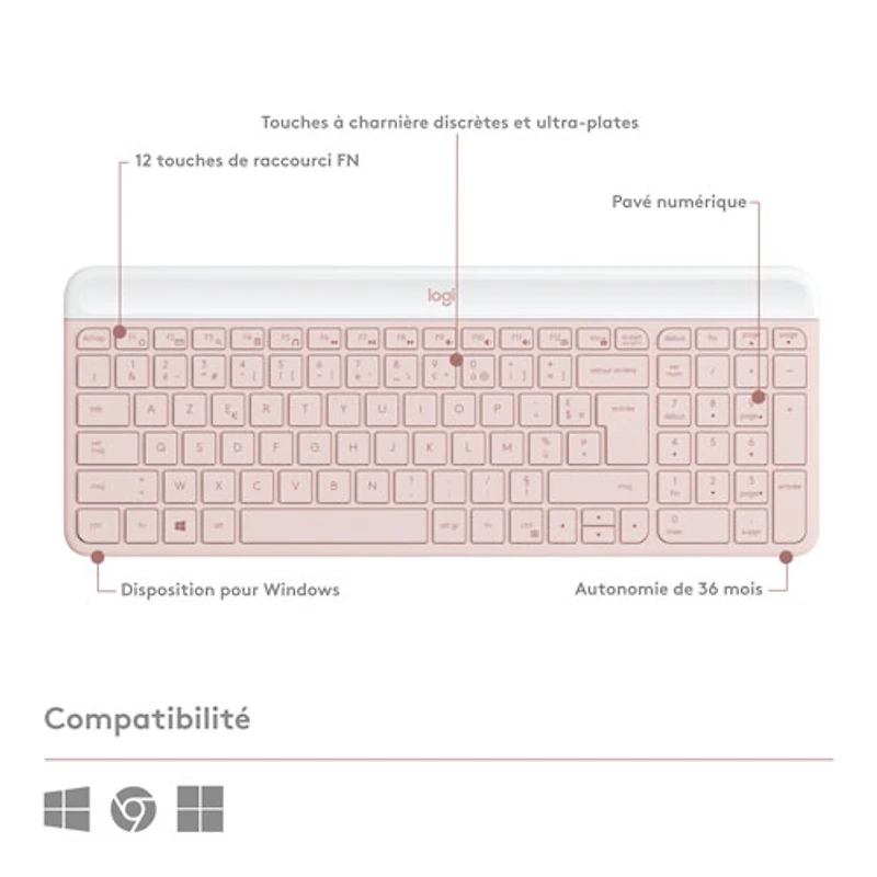 Ensemble clavier et souris optique sans fil Slim Combo MK470 de Logitech - Rose - Anglais