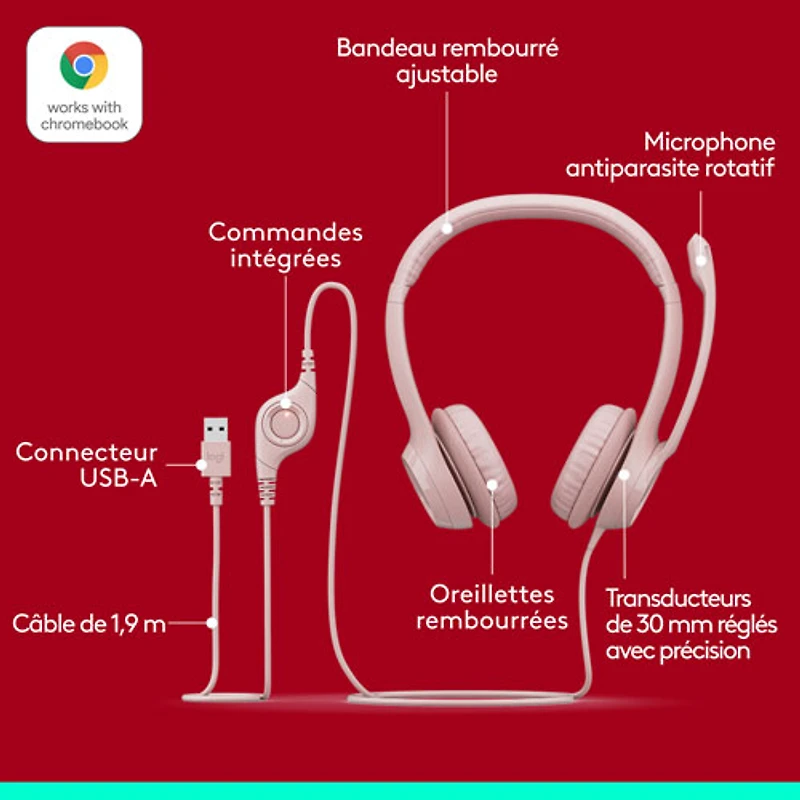 Logitech H390 Wired Headset with Noise Cancelling Microphone - Rose