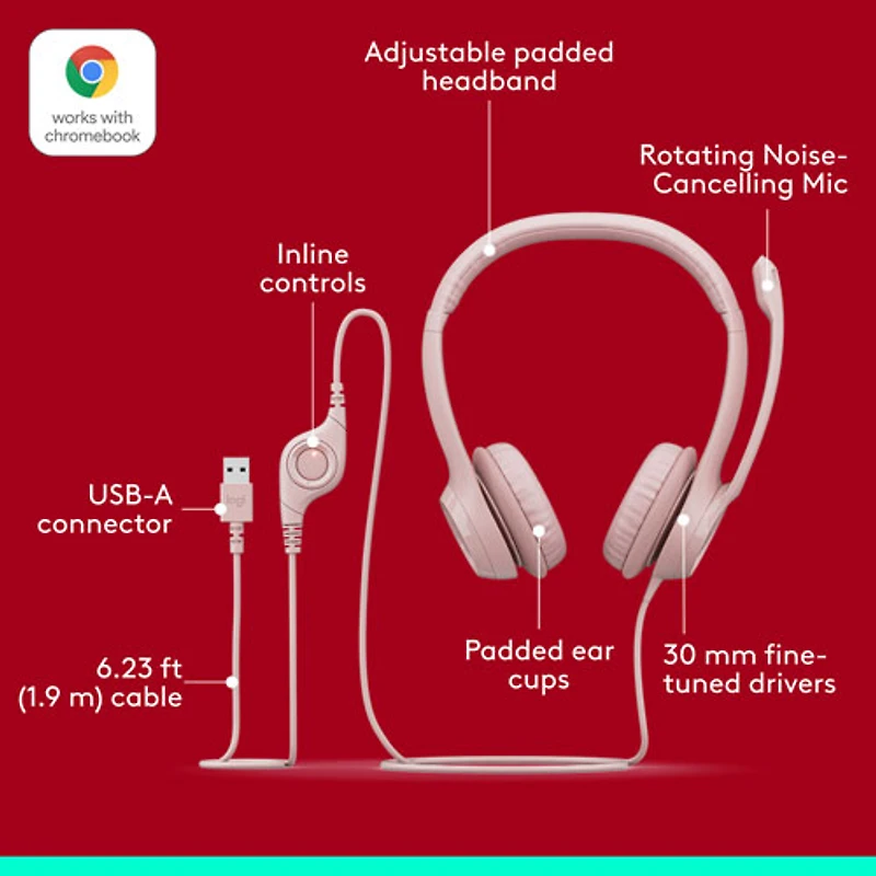 Logitech H390 Wired Headset with Noise Cancelling Microphone - Rose