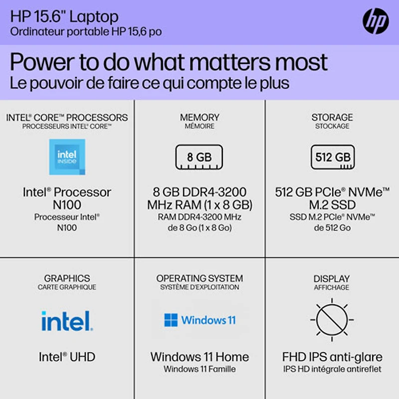 Portable de 15,6 po de HP - Noir de jais (N100 d'Intel/SSD 512 Go/RAM 8 Go/Windows 11 Home)