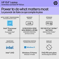 Portable de 15,6 po de HP - Noir de jais (N100 d'Intel/SSD 512 Go/RAM 8 Go/Windows 11 Home)