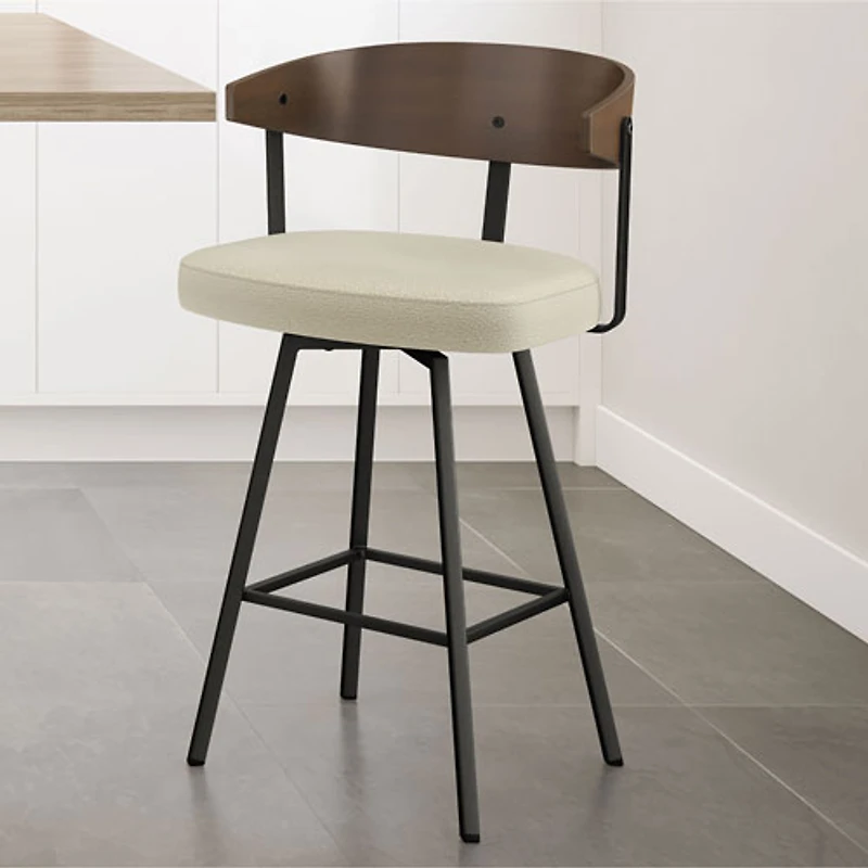 Tabouret de bar contemporain à hauteur de comptoir Quinton - Tissu bouclé crème/Brun/Noir