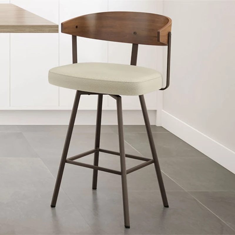 Quinton Contemporary Bar Height Barstool - Cream Boucle/Light Brown/Dark Brown