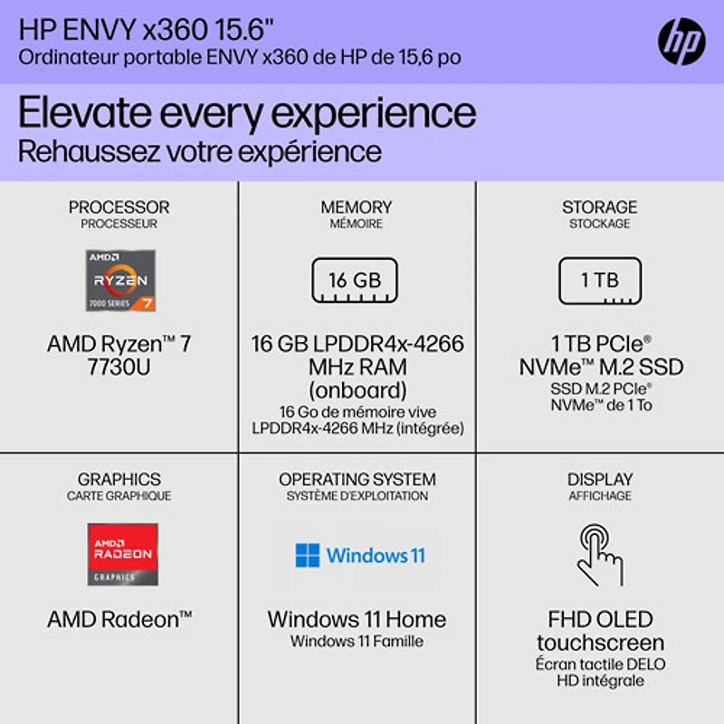 Portable 2-en-1 à écran tactile DELO de 15 po ENVY x360 de HP - Noir (Ryzen 7 7730U d'AMD/SSD 1 To/RAM 16 Go/Windows 11)