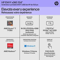 Portable 2-en-1 à écran tactile DELO de 15 po ENVY x360 de HP - Noir (Ryzen 7 7730U d'AMD/SSD 1 To/RAM 16 Go/Windows 11)