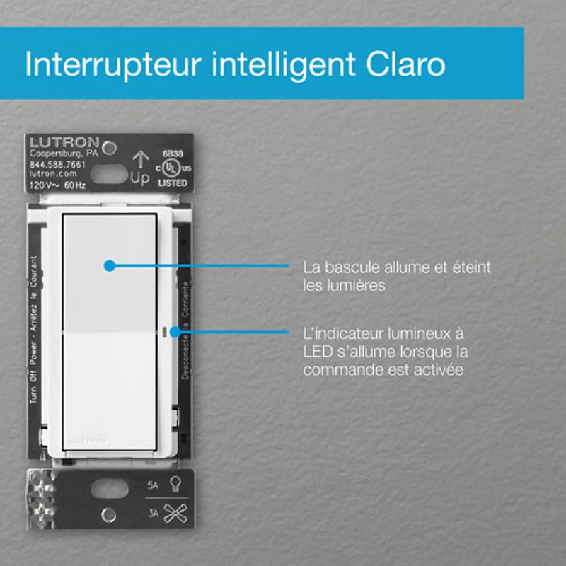 Interrupteur intelligent Claro de Lutron pour éclairage intelligent Caséta (DVRF-5NS-WH-RC)