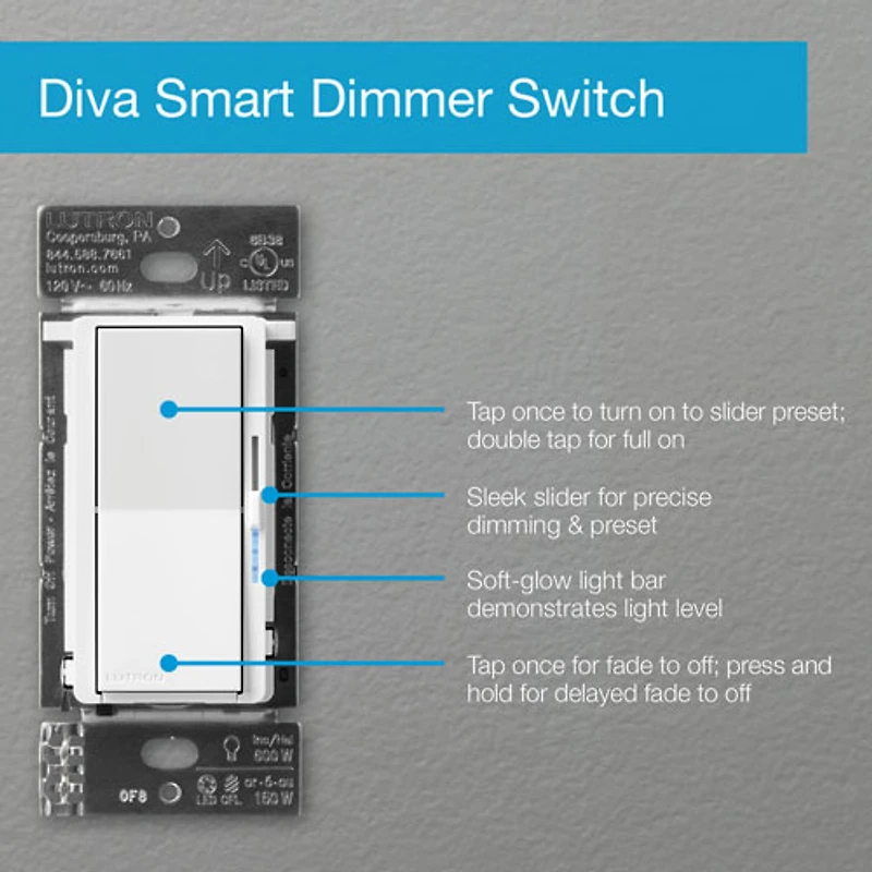 Trousse de départ à gradateur intelligent Diva de Lutron pour éclairage intelligent Caséta (DVRF-BDG-1D-C)
